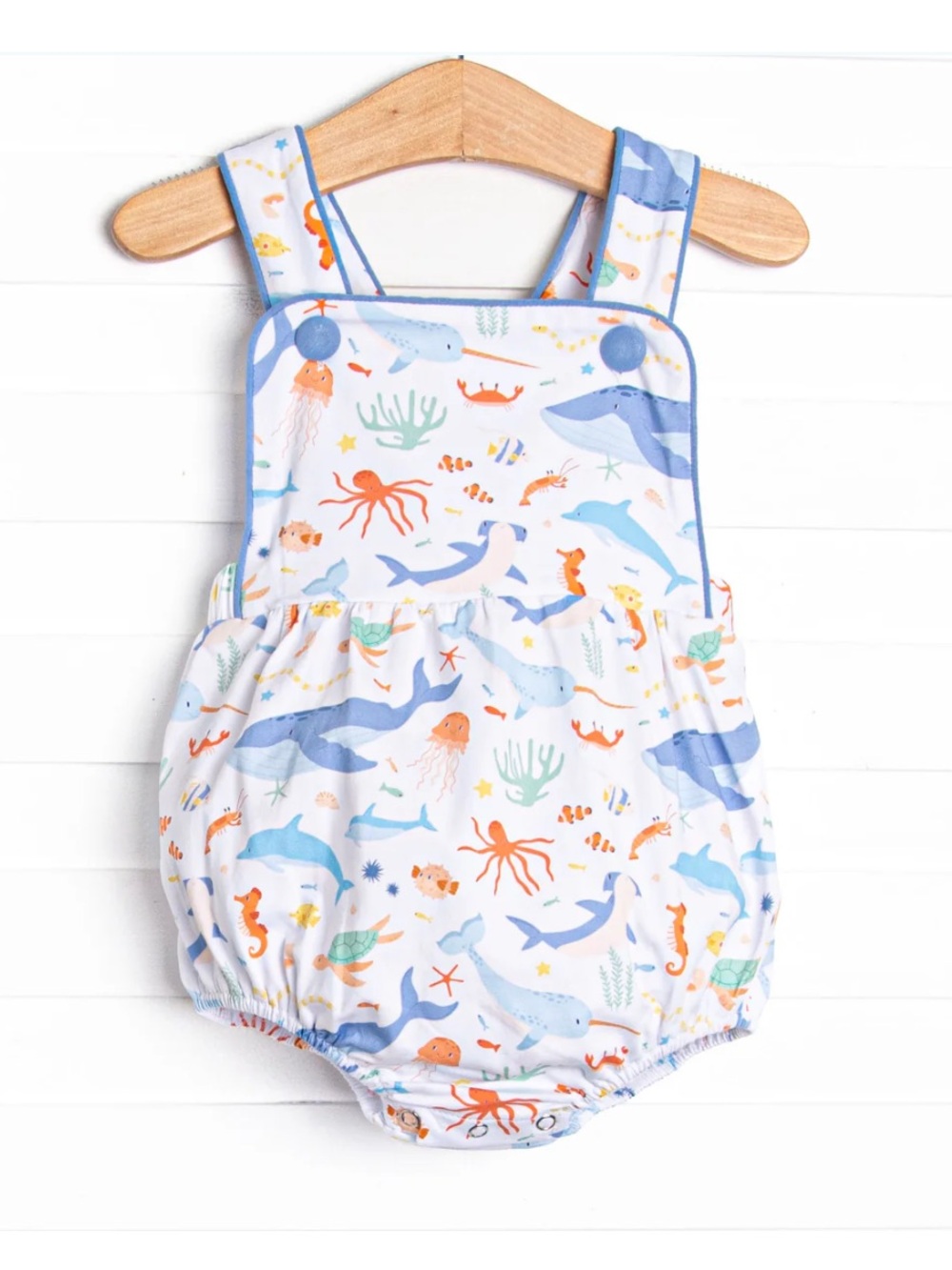 Stitchy Fish Baby Ocean Print One-Piece Romper in White & Blue